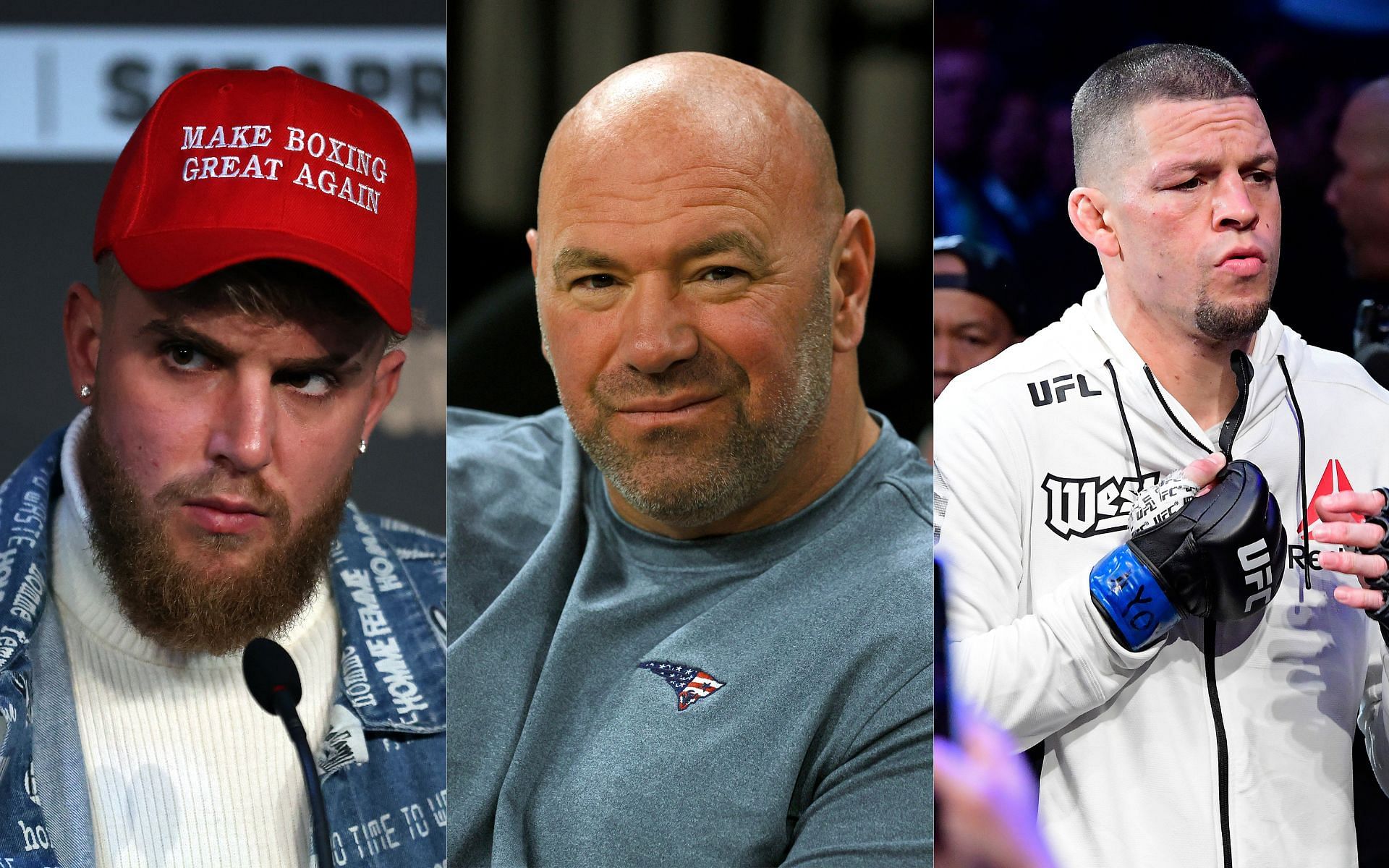 Jake Paul (left), Dana White (center), and Nate Diaz (right) (Image credits Getty)