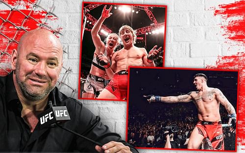 Dana White (bottom left), Molly McCann and Paddy Pimblett (center), and Tom Aspinall (bottom right) [Images courtesy of Getty, @meatballmolly Instagram, and @tomaspinalloficial Instagram]