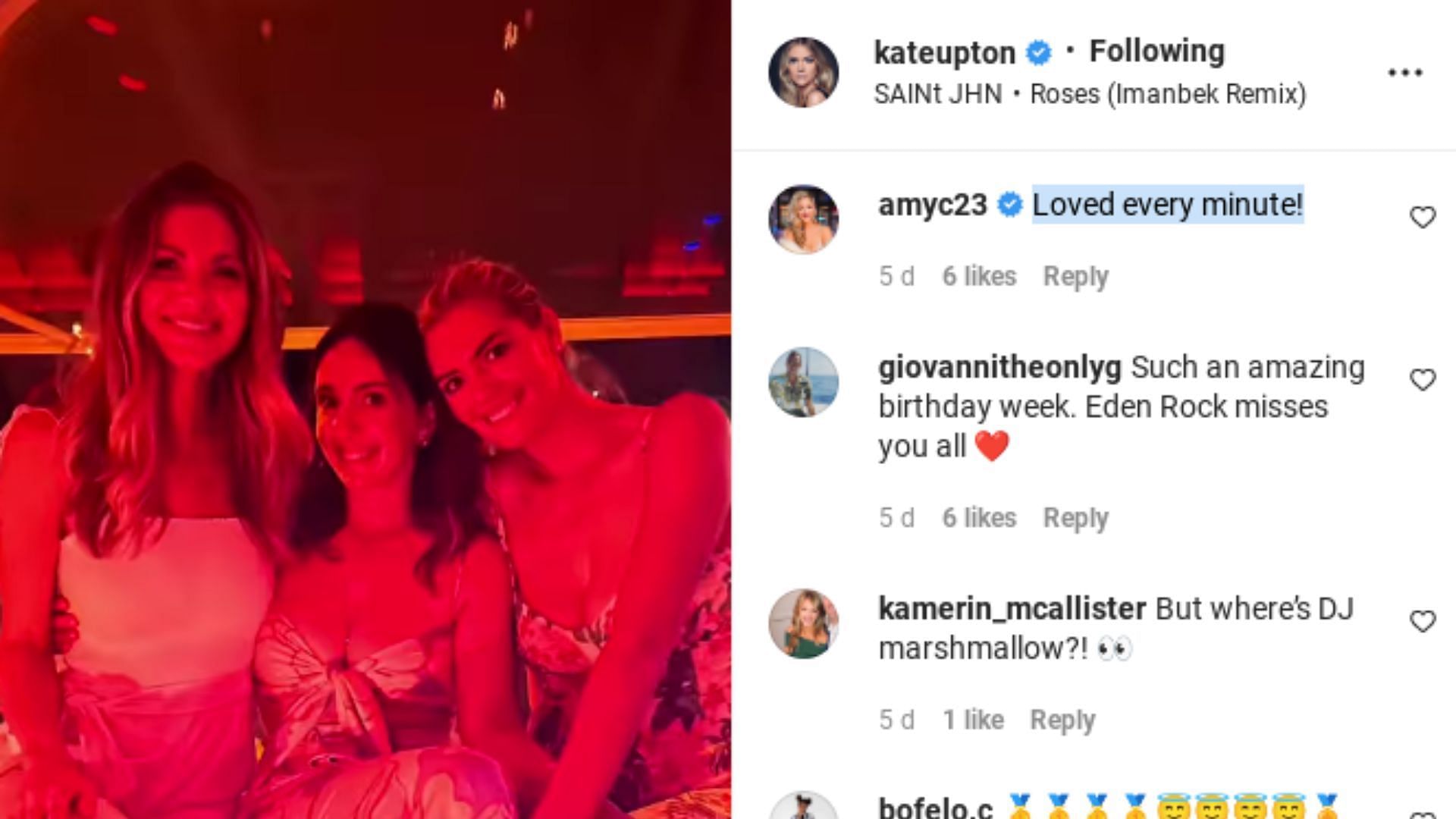 Amy Cole, one of Kate&#039;s girlfriends, comments on her IG post.