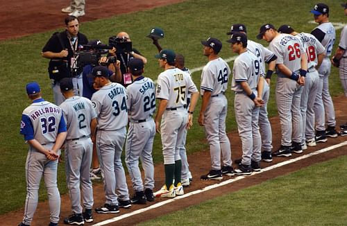 Roy Halladay and Derek Jeter lined up before the start of the 2002 MLB All-Star Game.