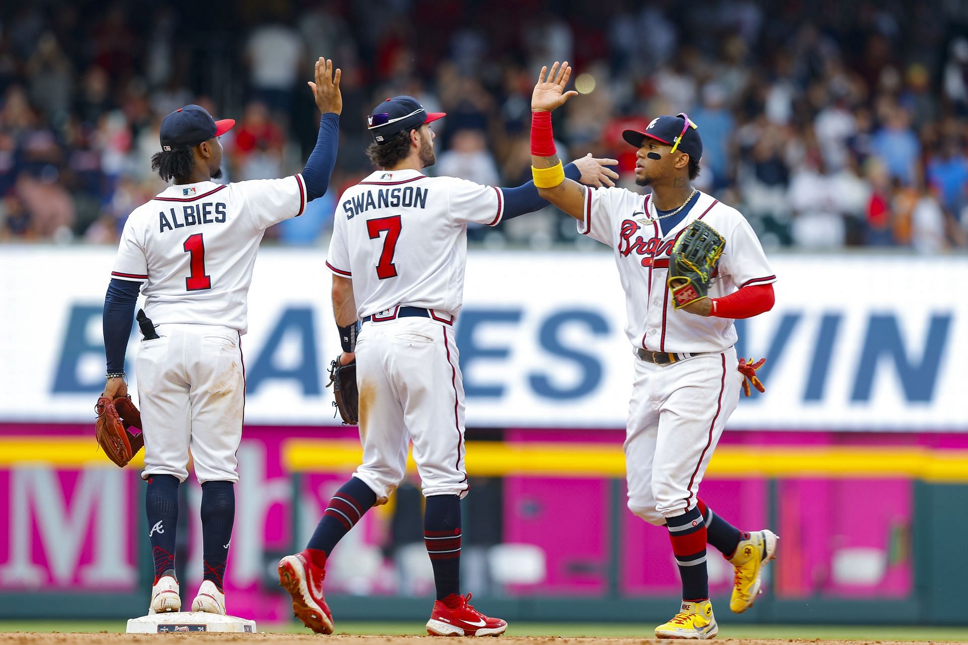  Atlanta Braves congratulate each other after a victory over the Pittsburgh Pirates.