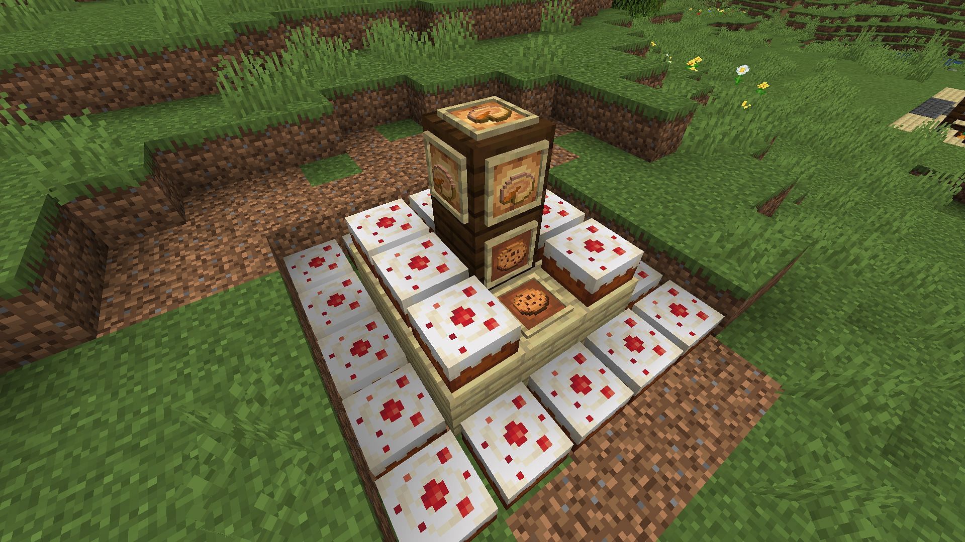 A shrine for the game&#039;s deserts, with pumpkin pie at the top (Image via Minecraft)