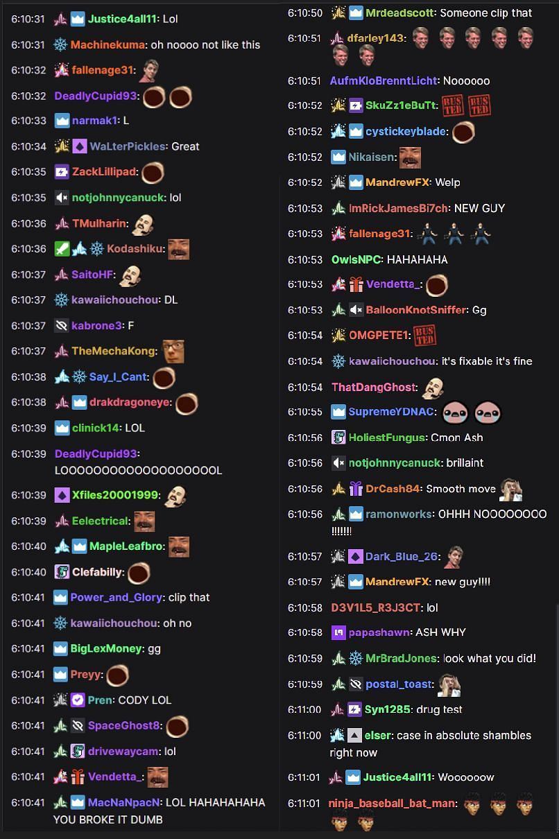Twitch chat reacts to the streamer's shenanigans (Images via DSKoopa/Twitch chat)