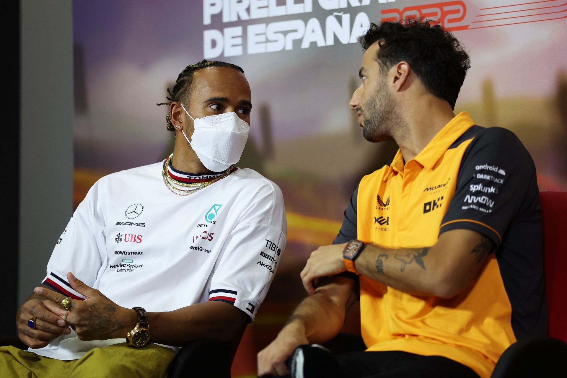 Lewis Hamilton and Ricciardo talking in a Drivers&#039; Press Conference in Spain. (Photo by Bryn Lennon/Getty Images)