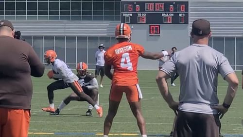 Browns QB Deshaun Watson was picked off by safety John Johnson III in practice. Source: @camijustice