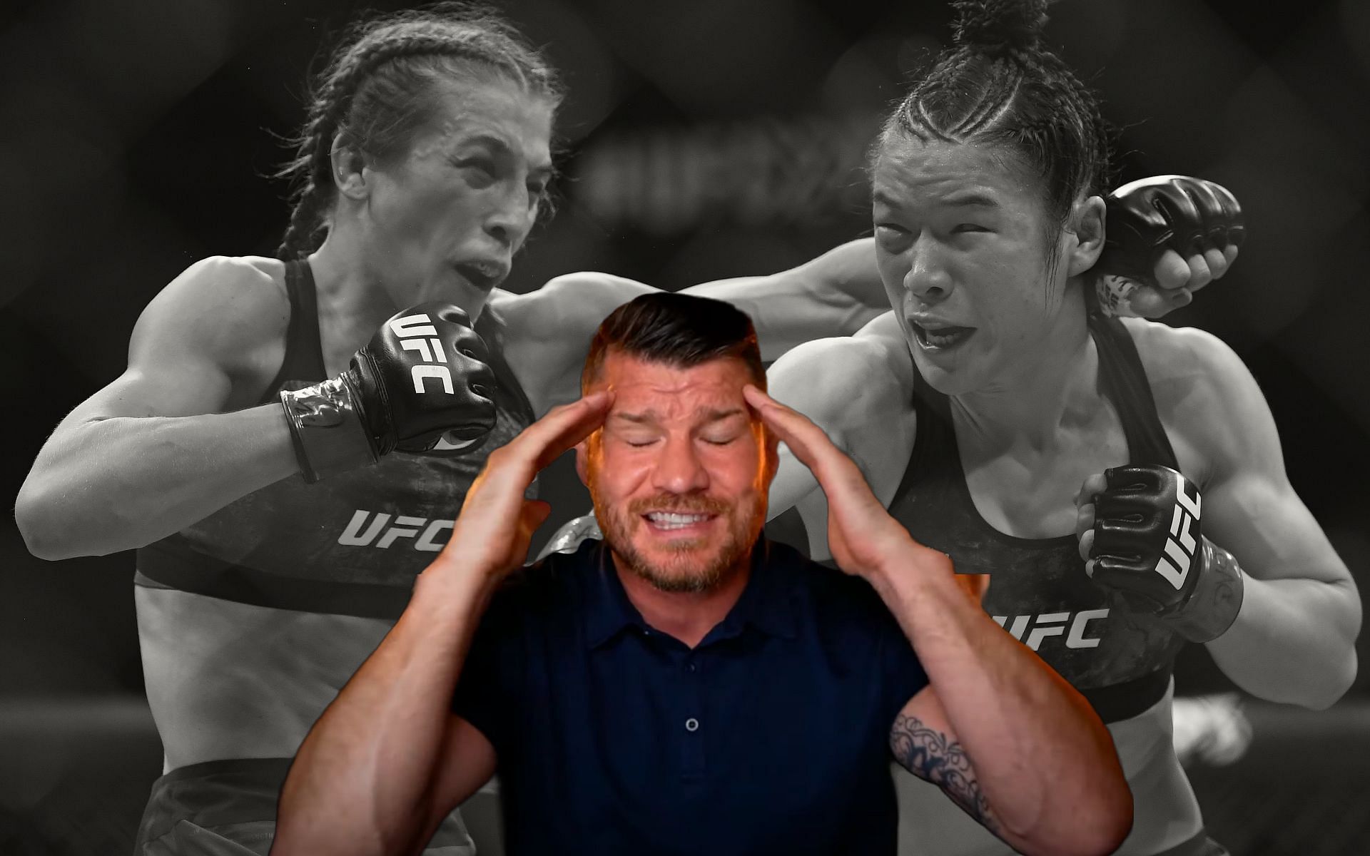 Joanna Jedrzejczyk (left), Michael Bisping (center) and Zhang Weili (right) (Images via Getty and YouTube/@MichaelBisping)