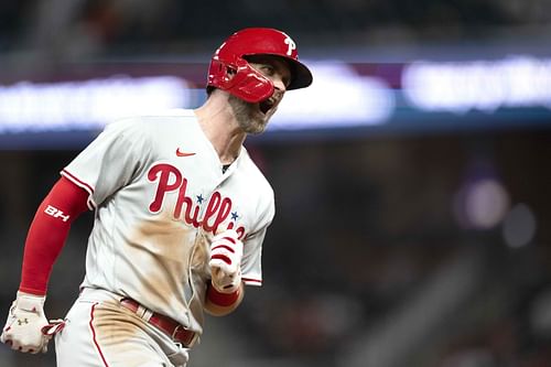 Bryce Harper of the Philadelphia Phillies celebrates a home run against the Atlanta Braves.