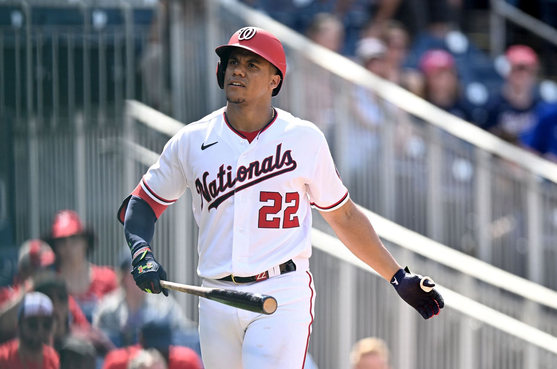 Juan Soto reacts after striking out during a Washington Nationals v Milwaukee Brewers game.