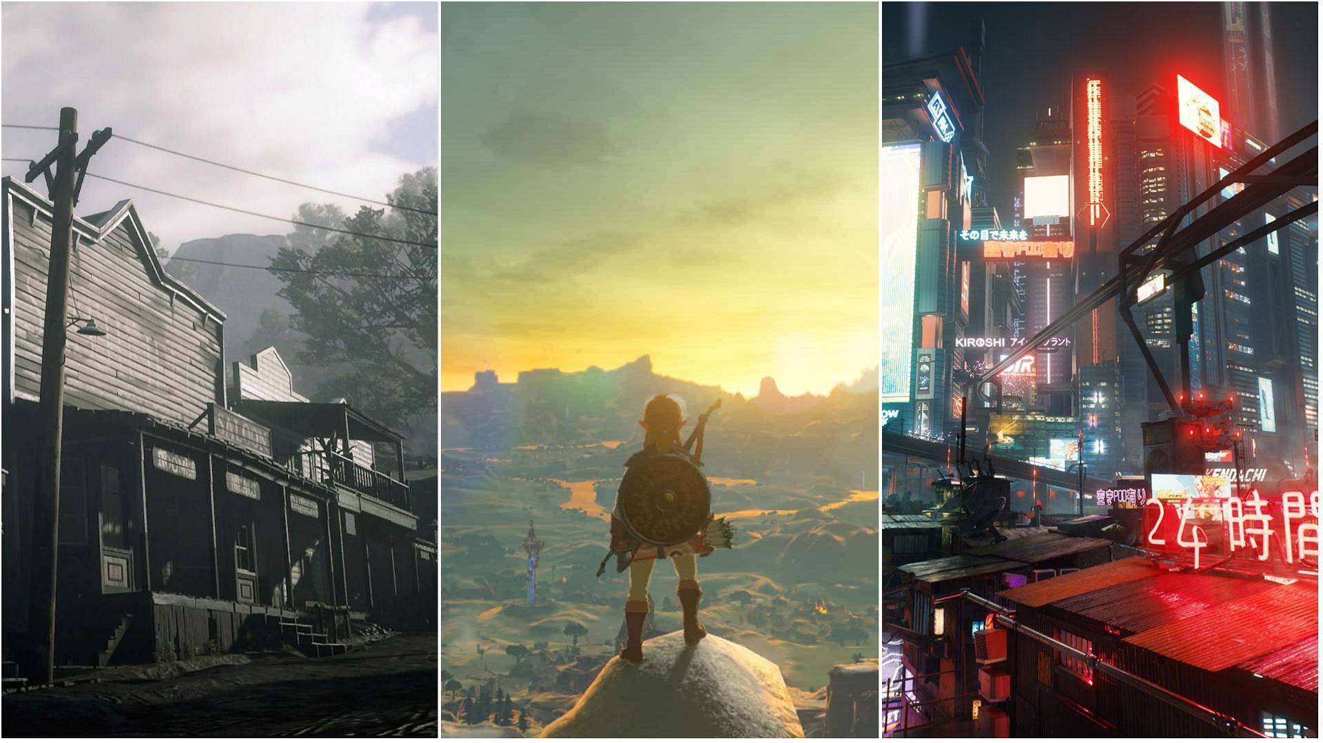 Some of the beautiful open worlds featured in video games (Image via Rockstar Games, Nintendo, and CD Projekt RED)