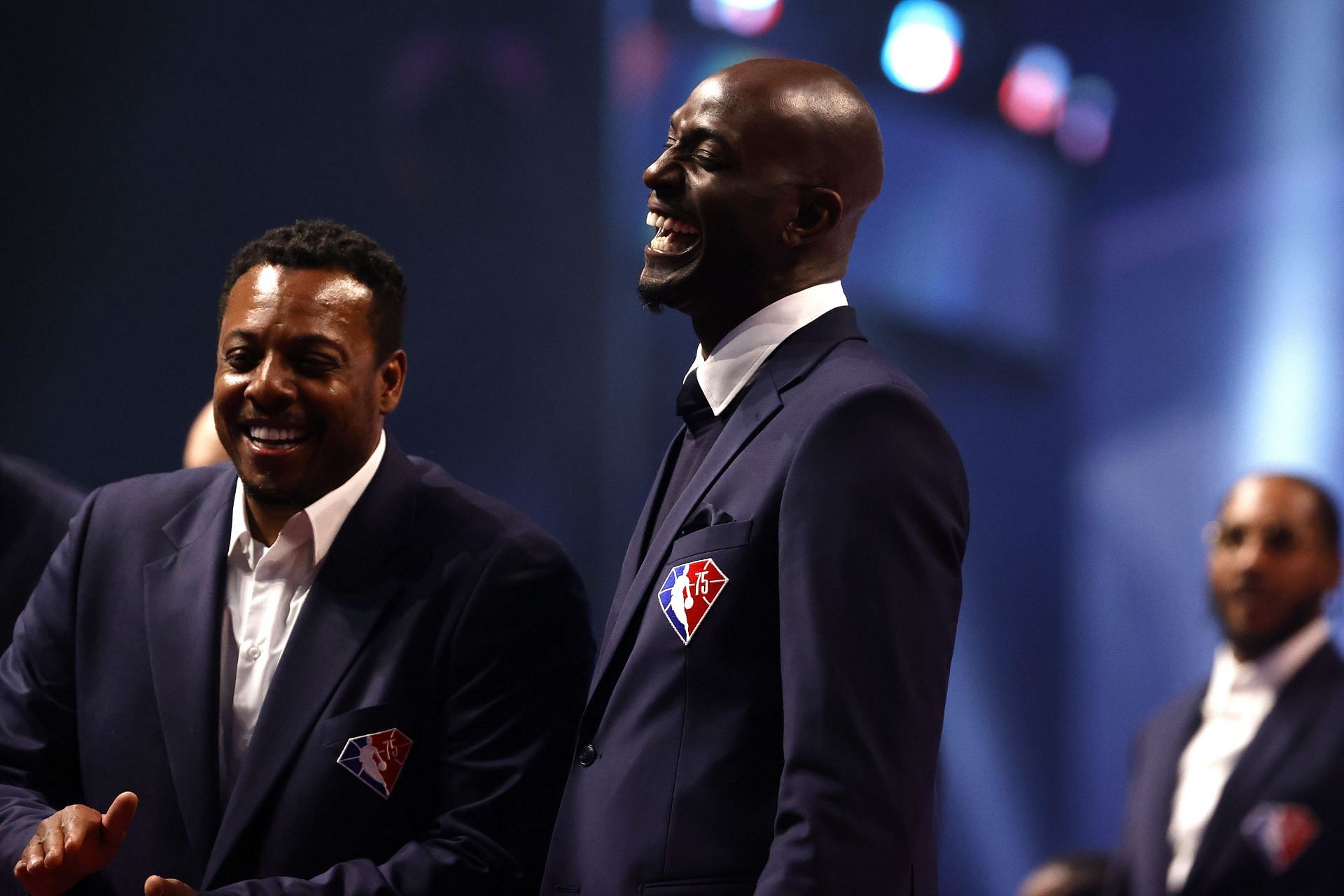 Kevin Garnett laughs with Paul Pierce during the presentation of the NBA 75th Anniversary Team