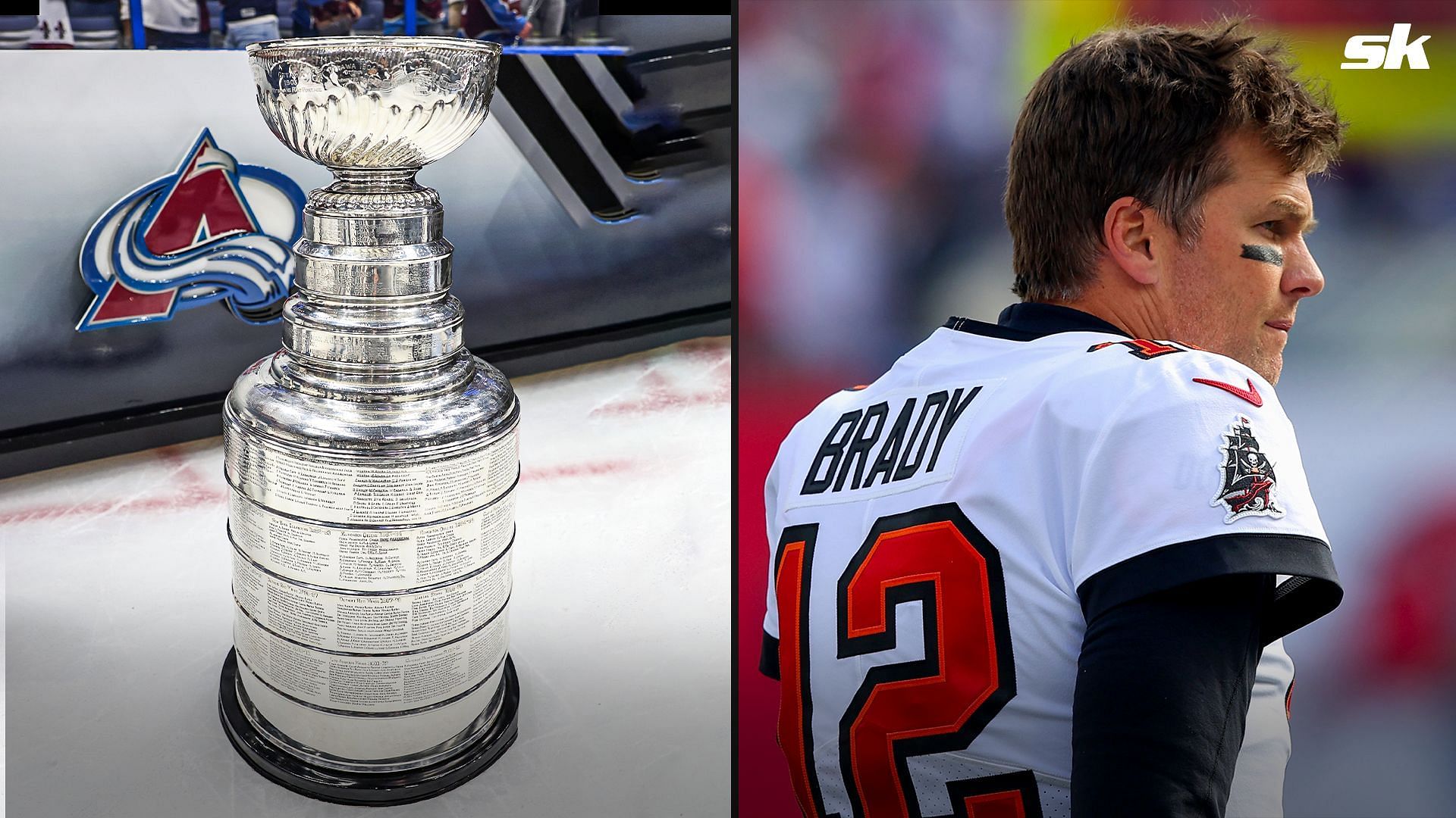 Stanley Cup on the left and Tampa Bay Buccaneers QB Tom Brady on the right