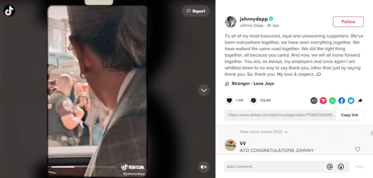 Johnny Depp thanks fans after Amber Heard defamation verdict