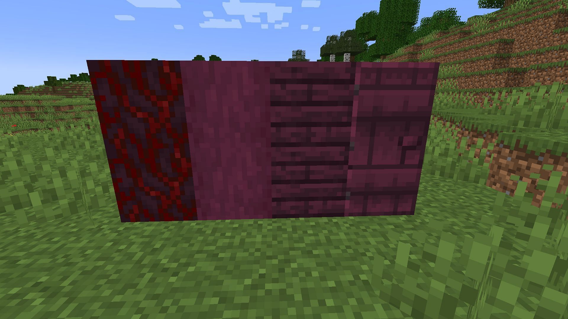 Crimson wood and some of its different blocks (Image via Minecraft)