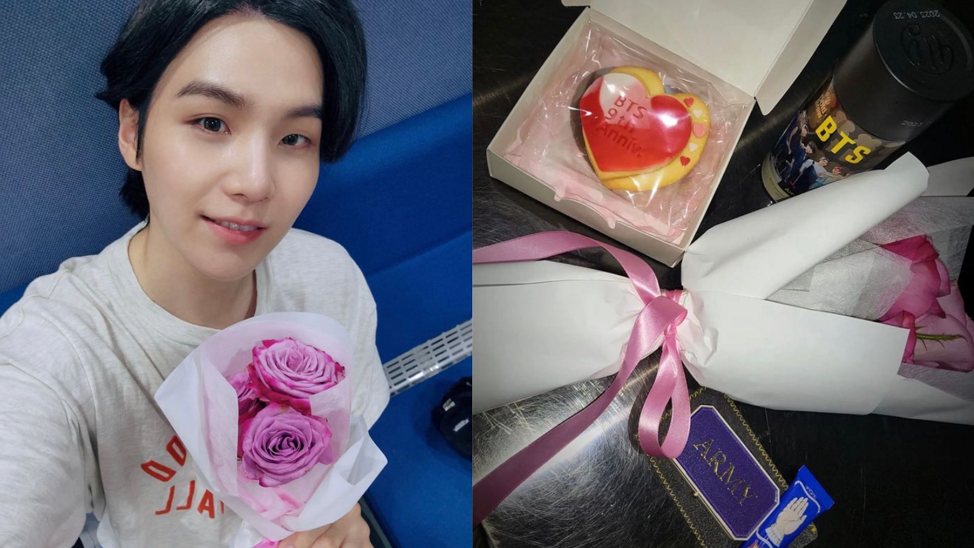 A still of group member SUGA with pink roses (Image via @agustd/Instagram)