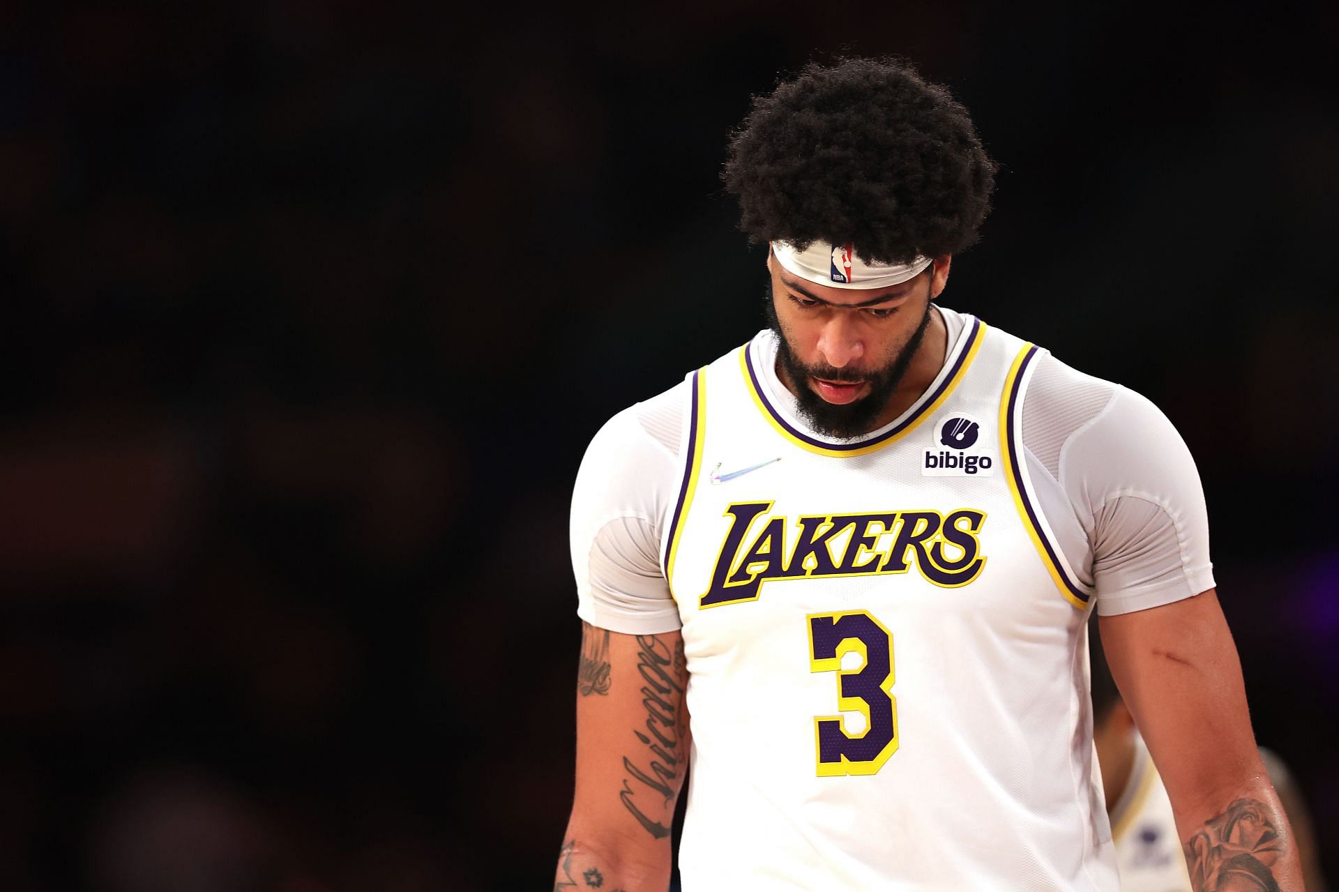 Anthony Davis of the LA Lakers looks on after being defeated by the Denver Nuggets 129-118 on April 3 in Los Angeles, California.