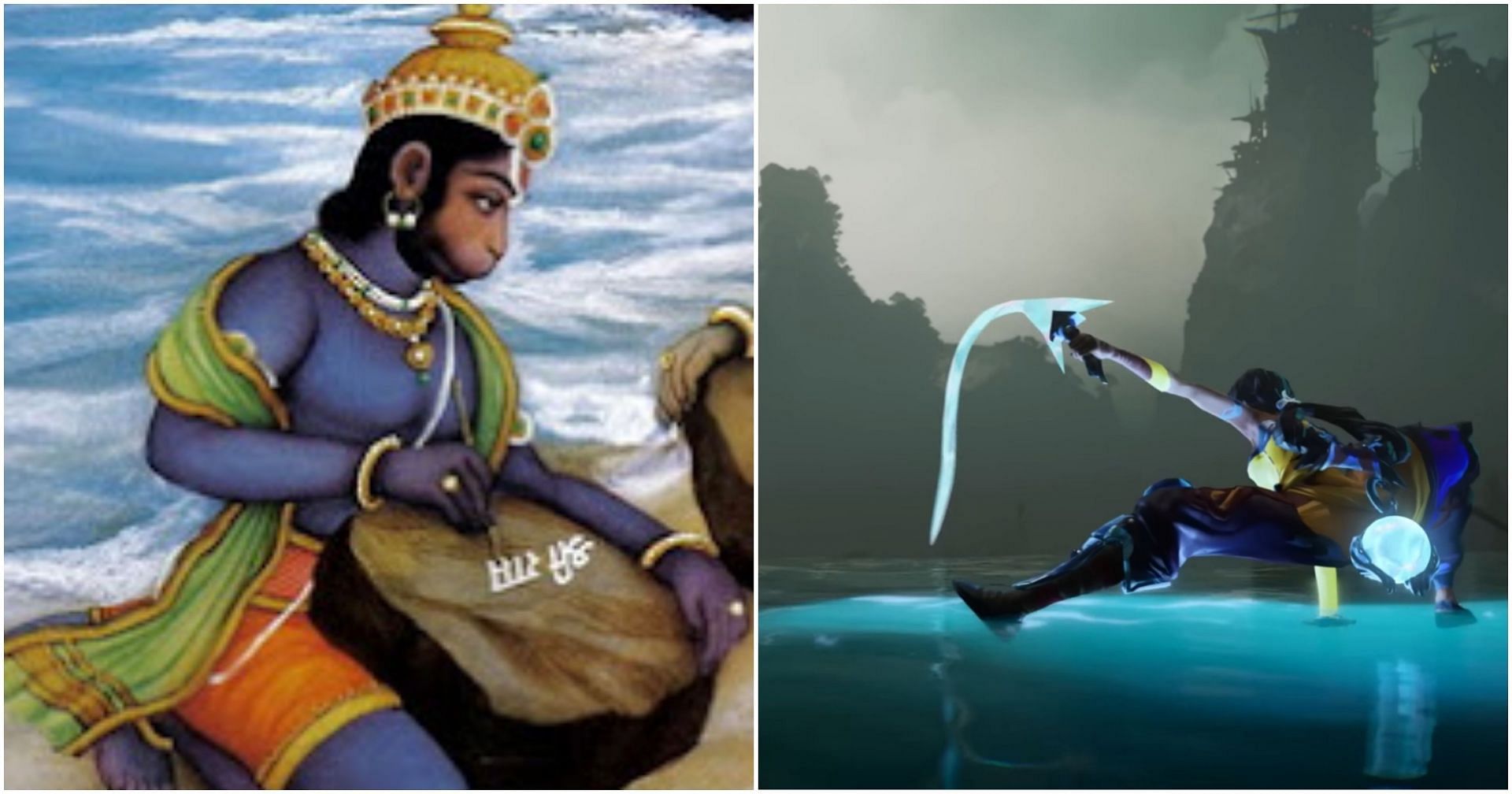 A stunning resemblance can be observed between Ramayana&#039;s Nila Vanara and League of Legends; Nilah (Image via Riot Games and Hindu Devotional blog)