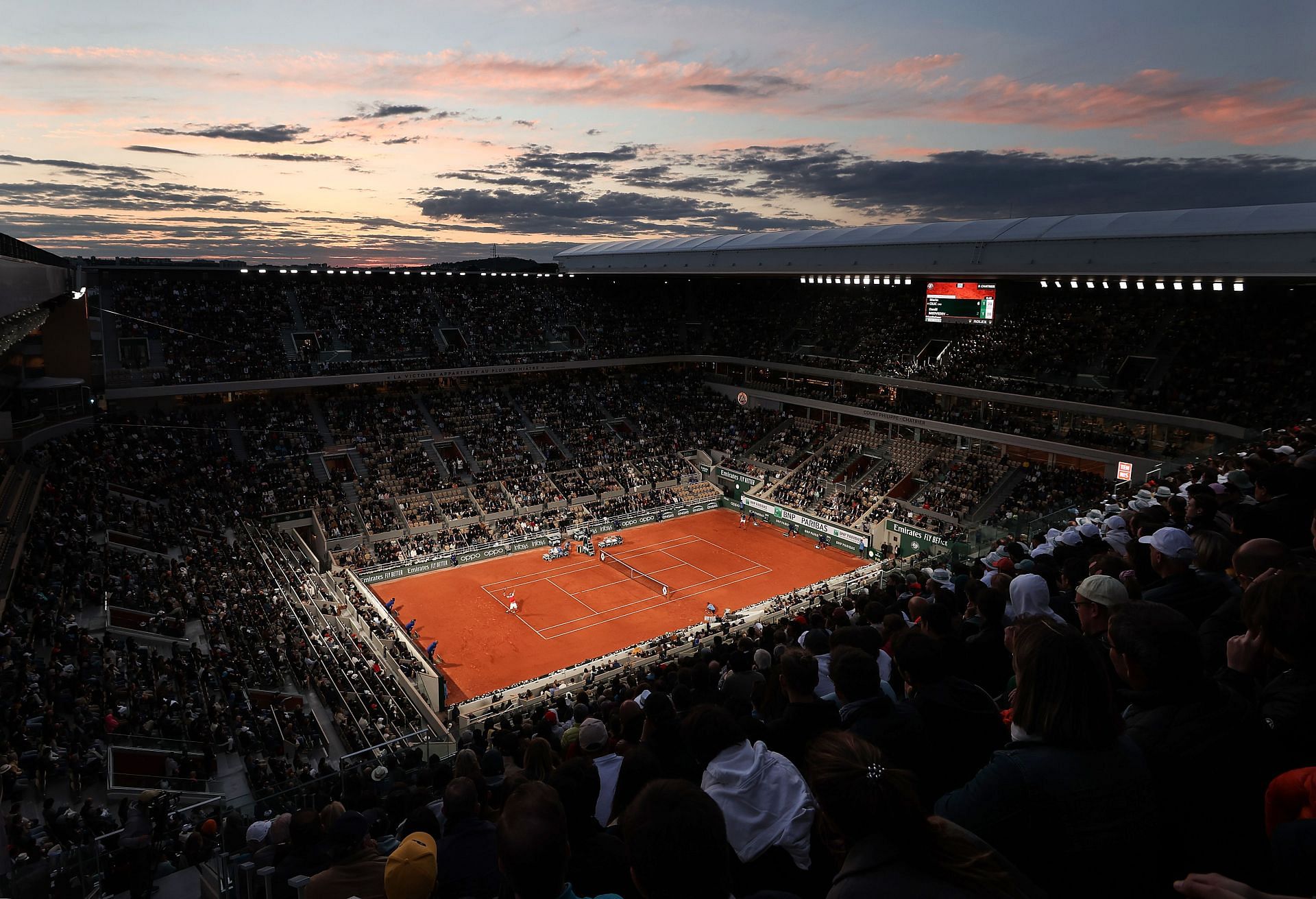 An aerial view of Court Philippe-Chatrier during the 2022 French Open.