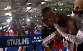 Video: Alarming moment a disoriented boxing champion swings at thin air during fight before being hospitalized