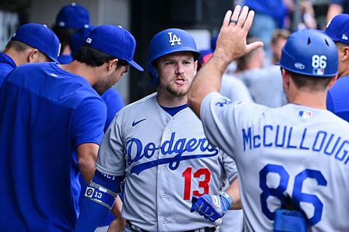 Max Muncy celebrates 3-run home run for the Los Angeles Dodgers v Chicago White Sox.