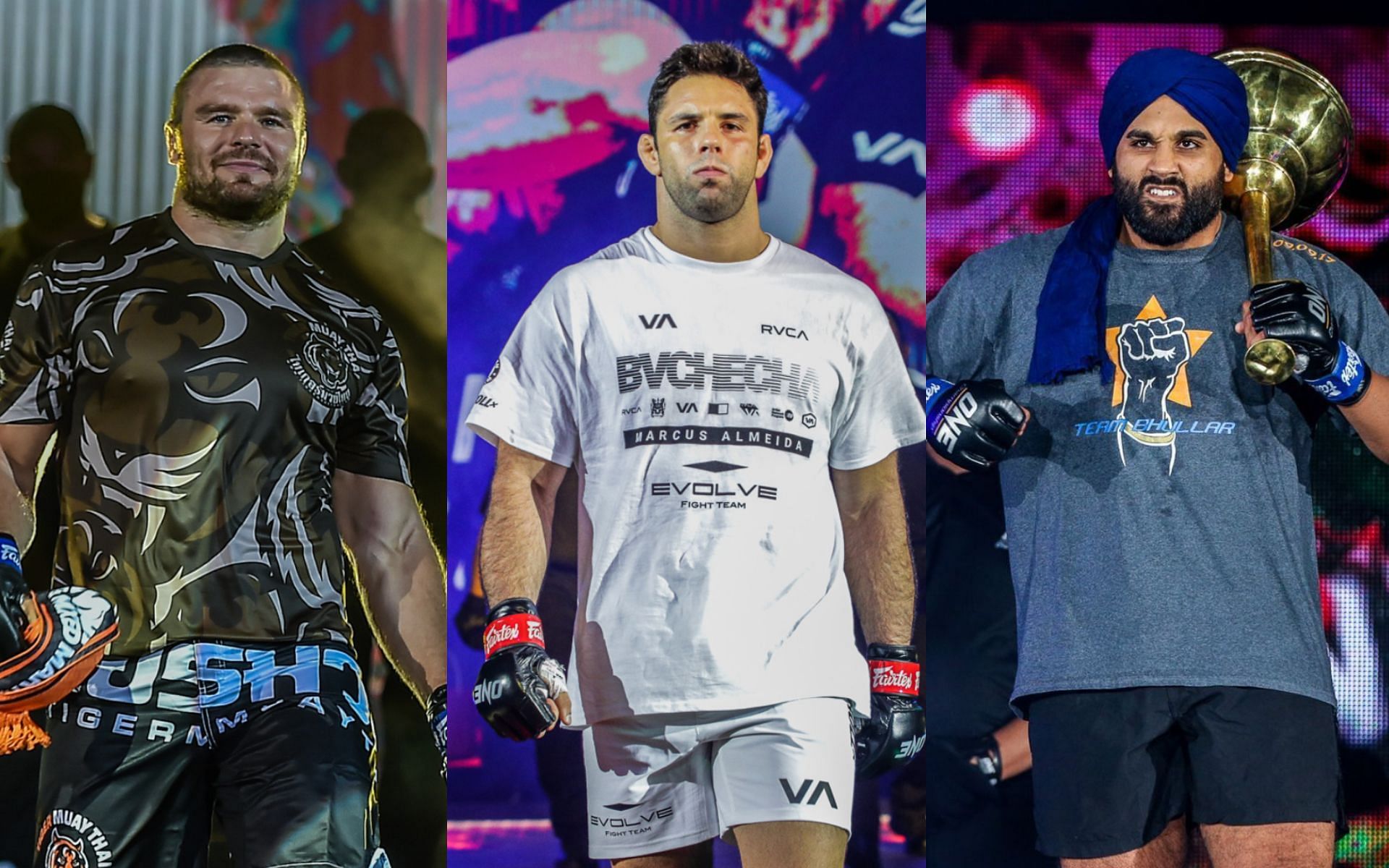 Marcus &#039;Buchecha&#039; Almeida (center) feels proud to earn the nod of Anatoly Malykhin (left) and Arjan Bhullar (right). [Photos ONE Championship]