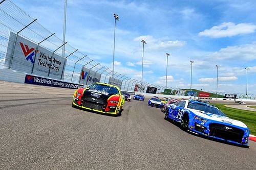 Austin Cindric and Chase Briscoe lead the field on a pace lap before the NASCAR Cup Series Enjoy Illinois 300 at WWT Raceway (Photo by Sean Gardner/Getty Images)