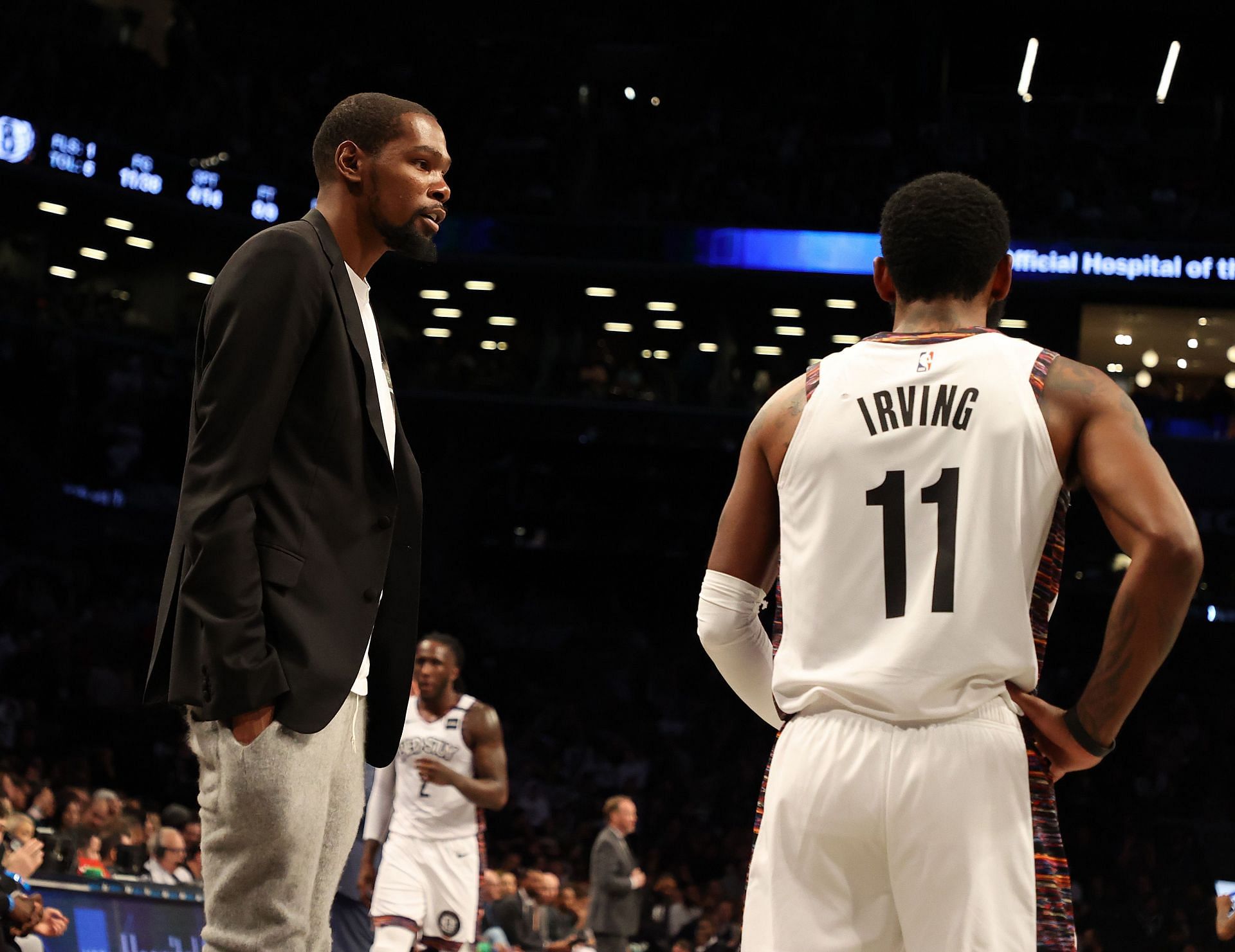 Brooklyn Nets superstars Kevin Durant (L) and Kyrie Irving (R)