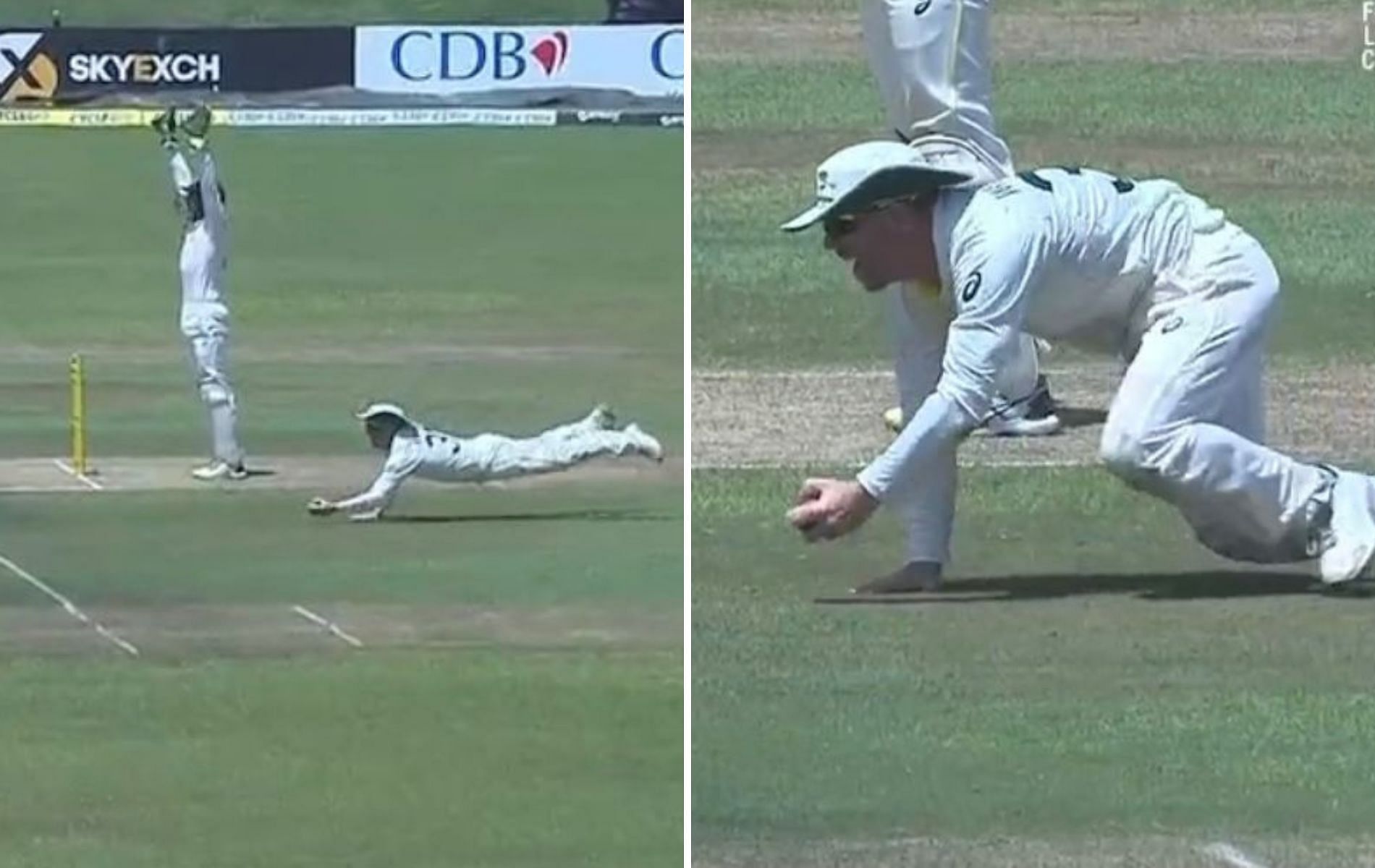 David Warner took a fine catch at gully on Day 1 of the SRI vs AUS Test. (Pics: Twitter)