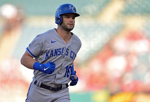 Andrew Benintendi roumds the bases on a two-run homer, Kansas City Royals v Los Angeles Angels.