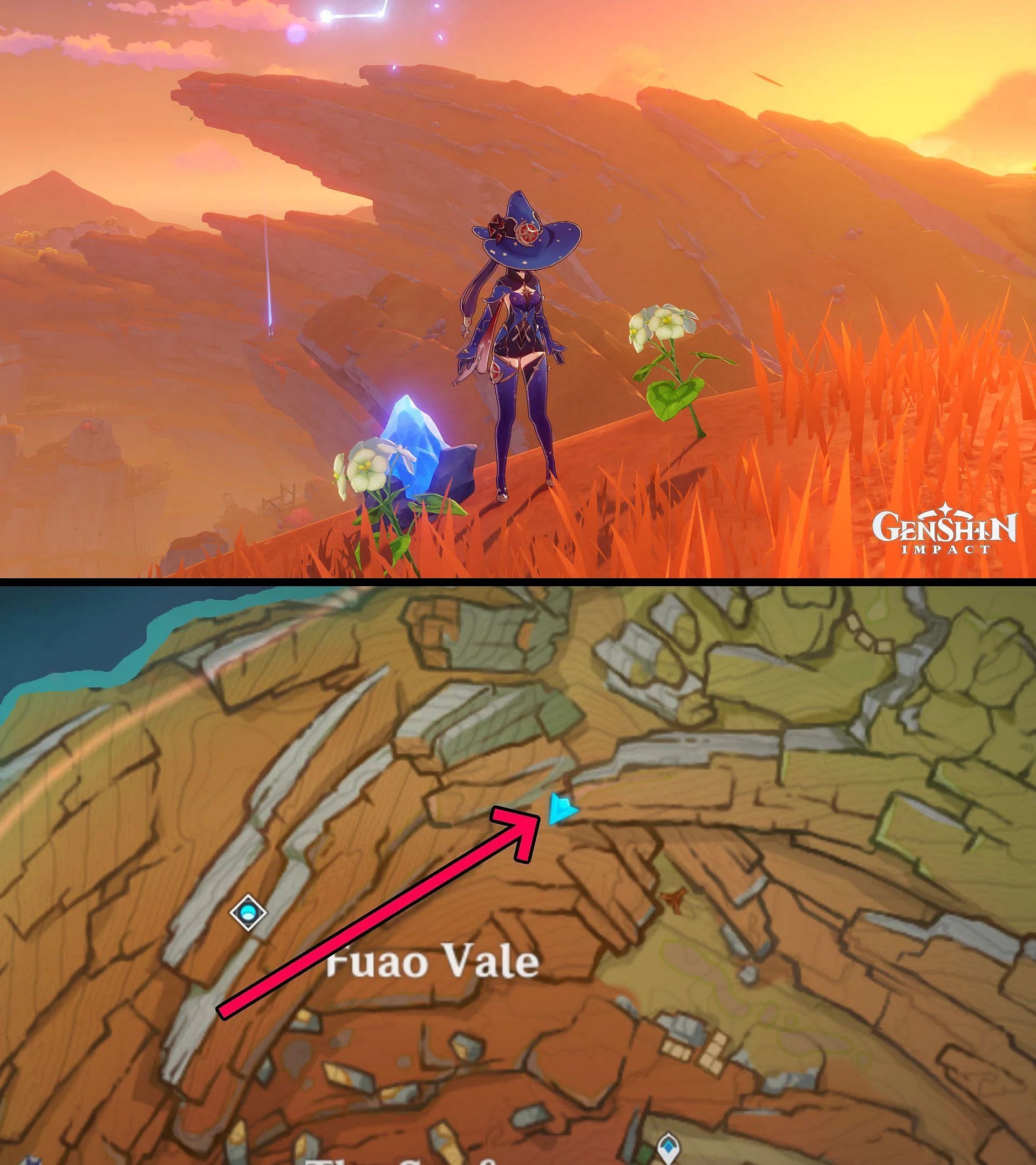 The first location, as it appears in the game and on the map (Image via HoYoverse)