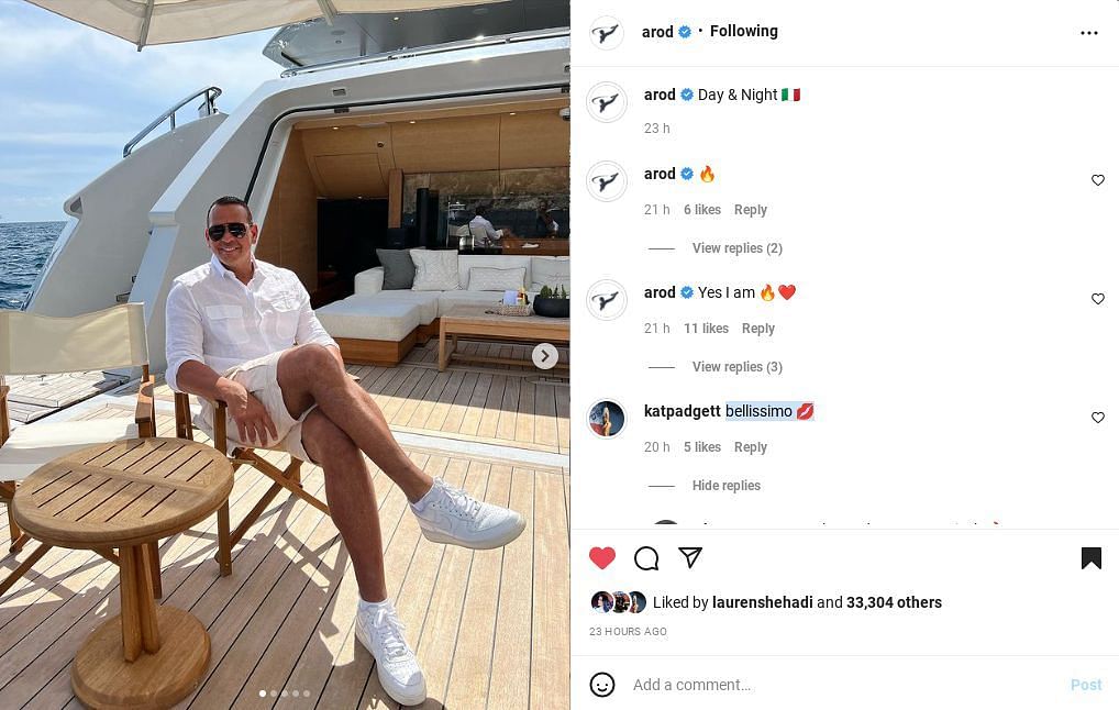 Alex Rodriguez and Kathryne Padgett exchange comments on A-Rod&#039;s IG post.