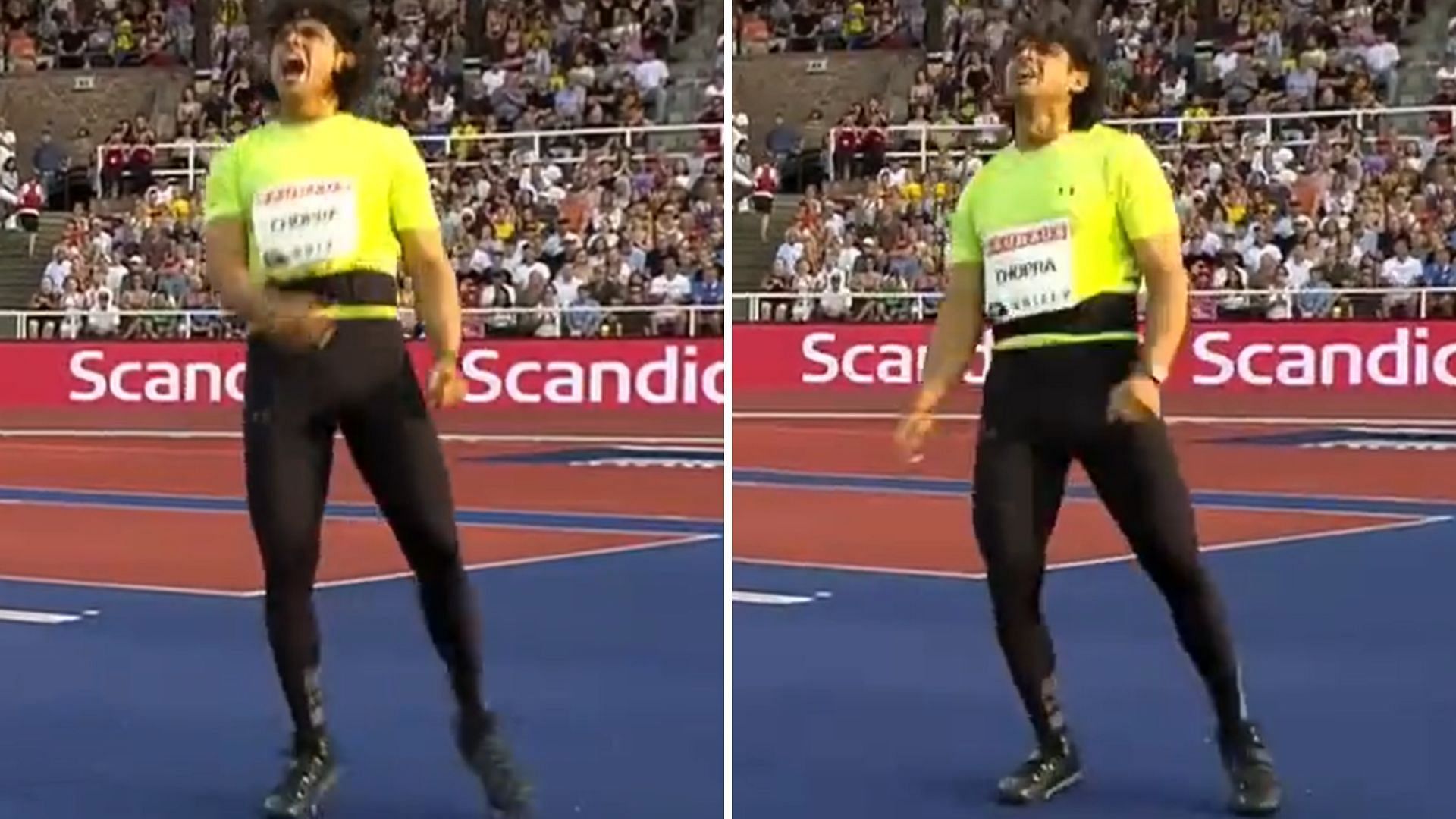 India&#039;s Neeraj Chopra exults after his first throw at the Stockholm Diamond League.