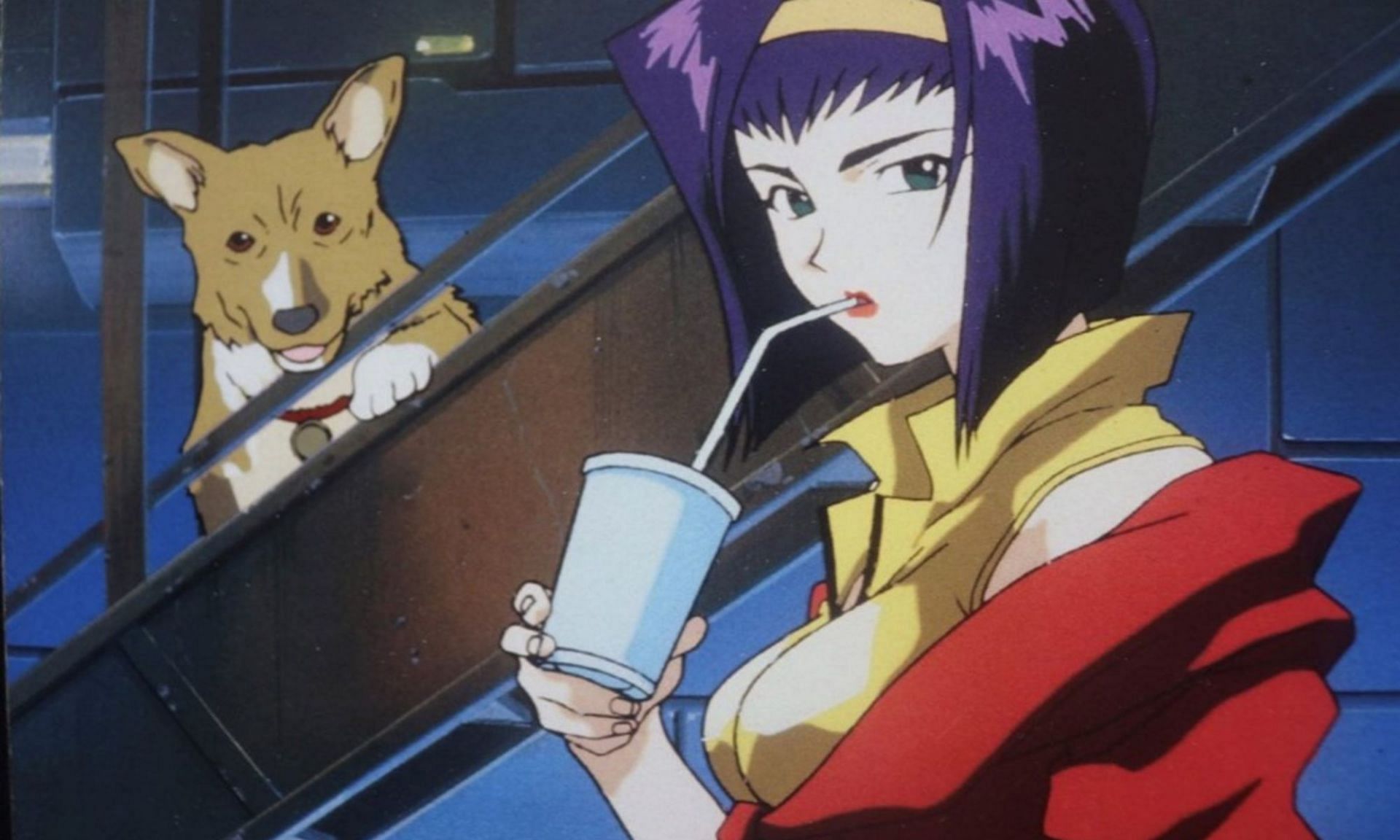 Faye Valentine drinks a soda alongside pet dog Ein (Image via Shinichirō Watanabe/Kadokawa Shoten/Studio Sunrise)
