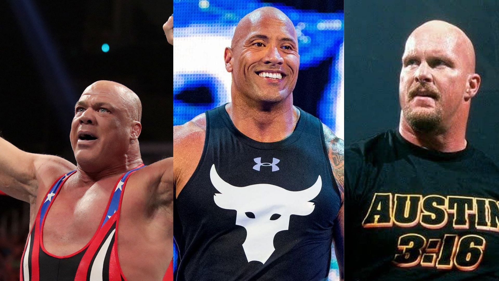 Kurt Angle (left); The Rock (middle); Stone Cold (right)