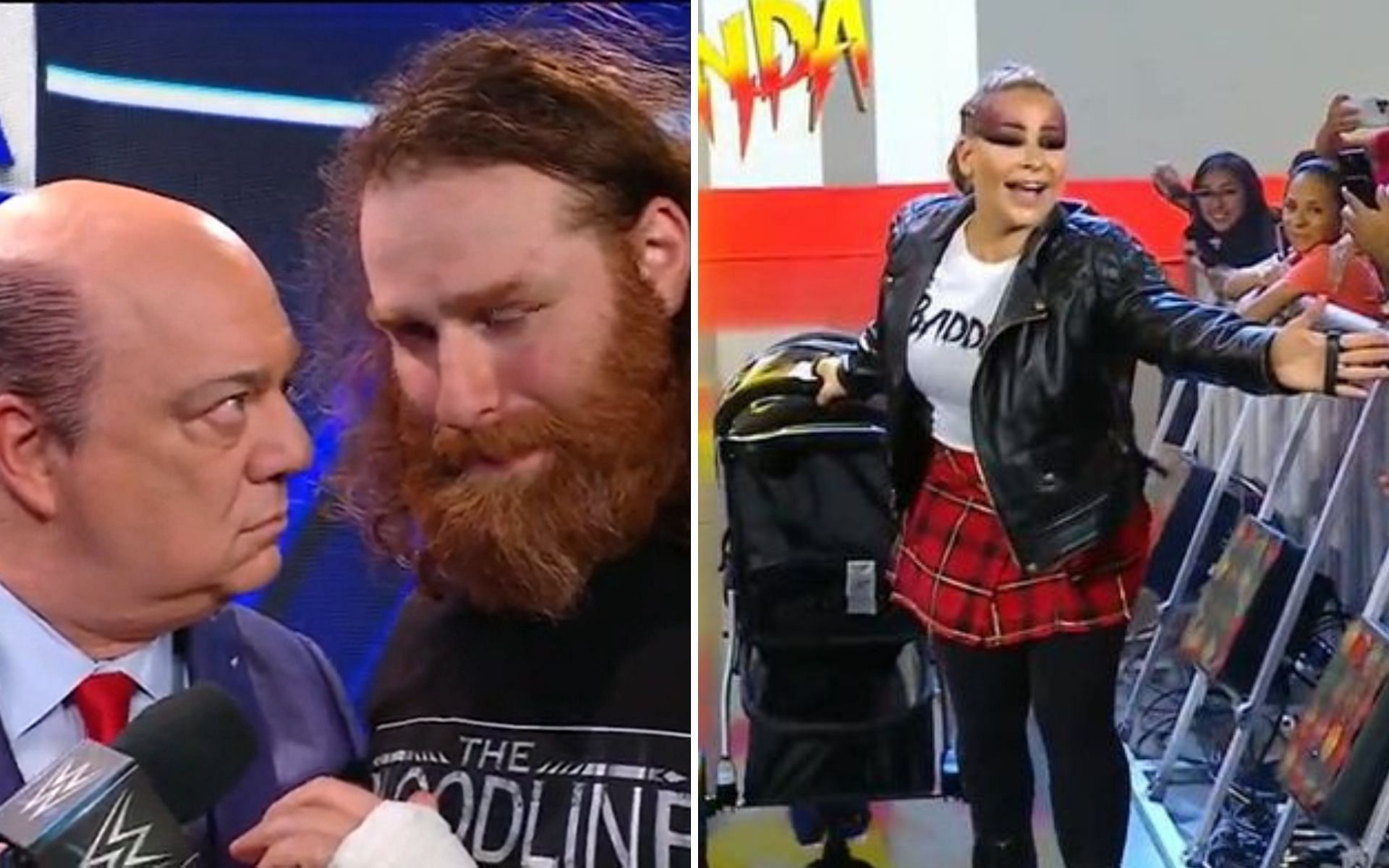Paul Heyman and Sami Zayn (left); Natalya mocking Ronda Rousey (right)