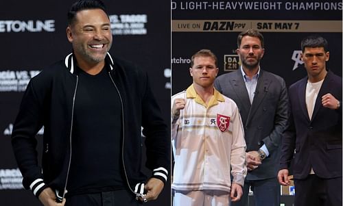 (L-R) Oscar De La Hoya, Canelo Alvarez, Eddie Hearn, Dmitry Bivol