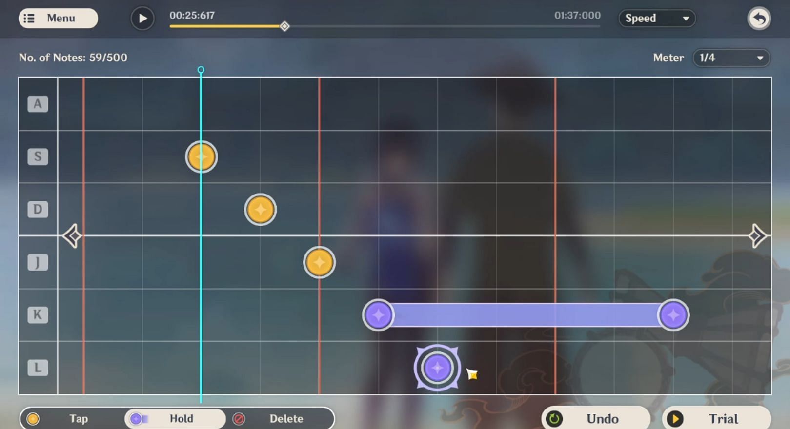 Select the note at the bottom right to add it to the beatmap (Image via HoYoverse)