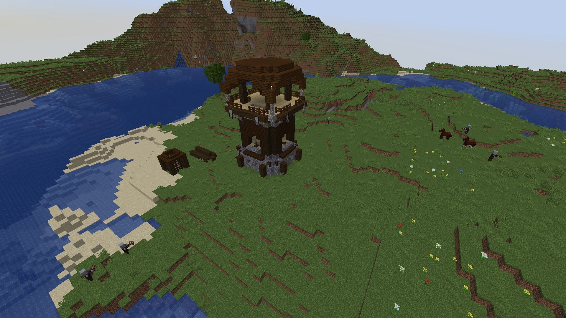 The pillager outpost the player spawns at (Image via Minecraft)