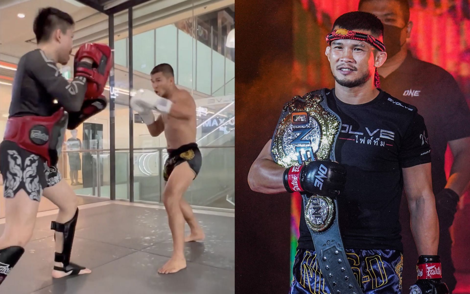 Nong O-Gaiyanghadao (right) trains with Kwankhao Mor. Rattanabandit. [Photos Nong-O Gaiyanghadao Instagram, ONE Championship]