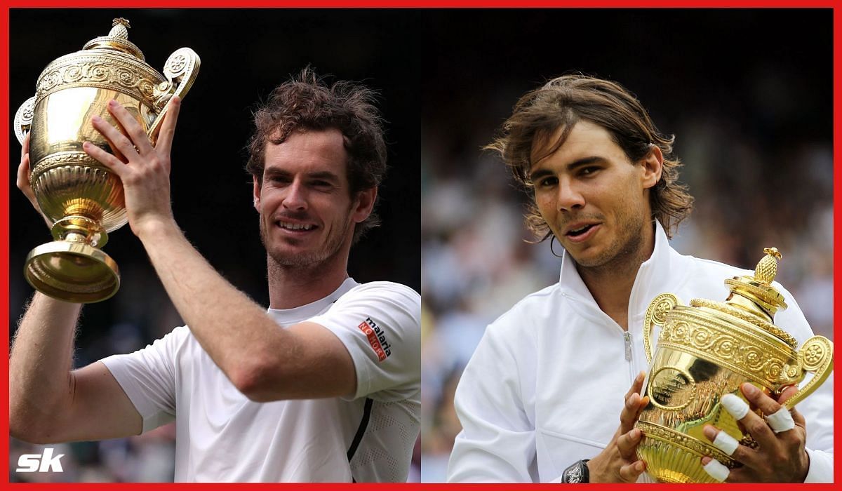 Andy Murray and Rafael Nadal with the Wimbledon trophies.