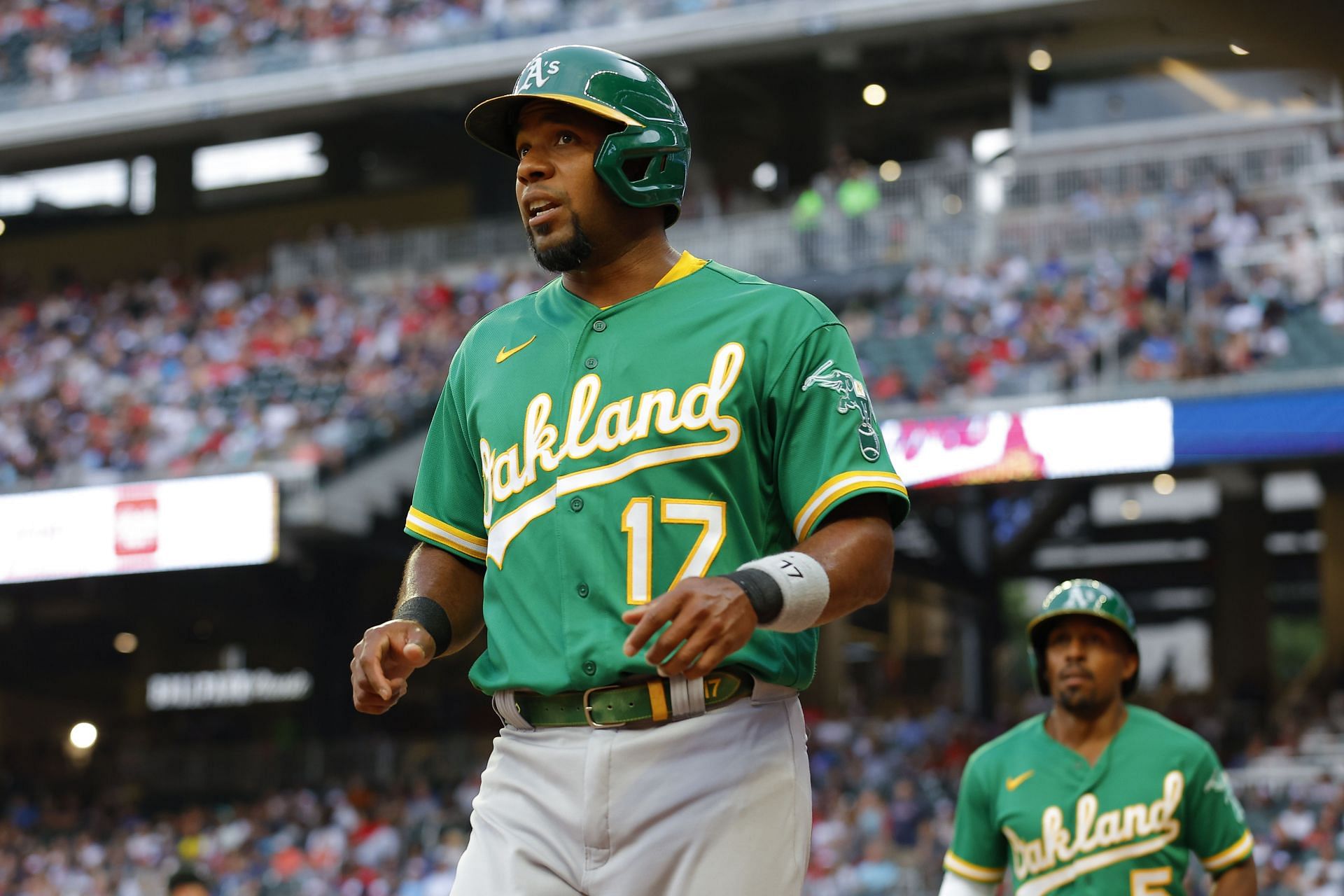 Elvis Andrus reacts during an Oakland Athletics v Atlanta Braves game.