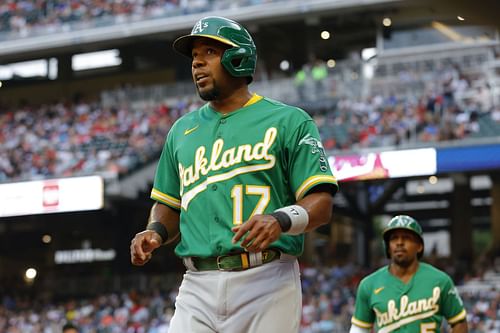 Elvis Andrus reacts during an Oakland Athletics v Atlanta Braves game.