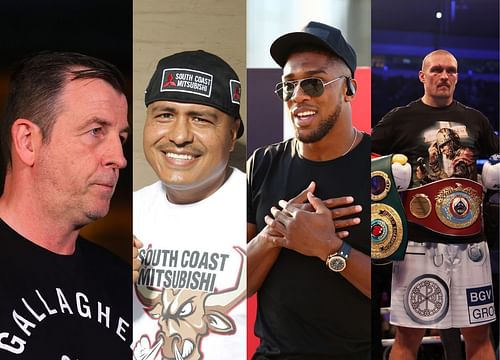 Joe Gallagher (left), Robert Garcia (left center), Anthony Joshua (right center), Oleksandr Usyk (right)