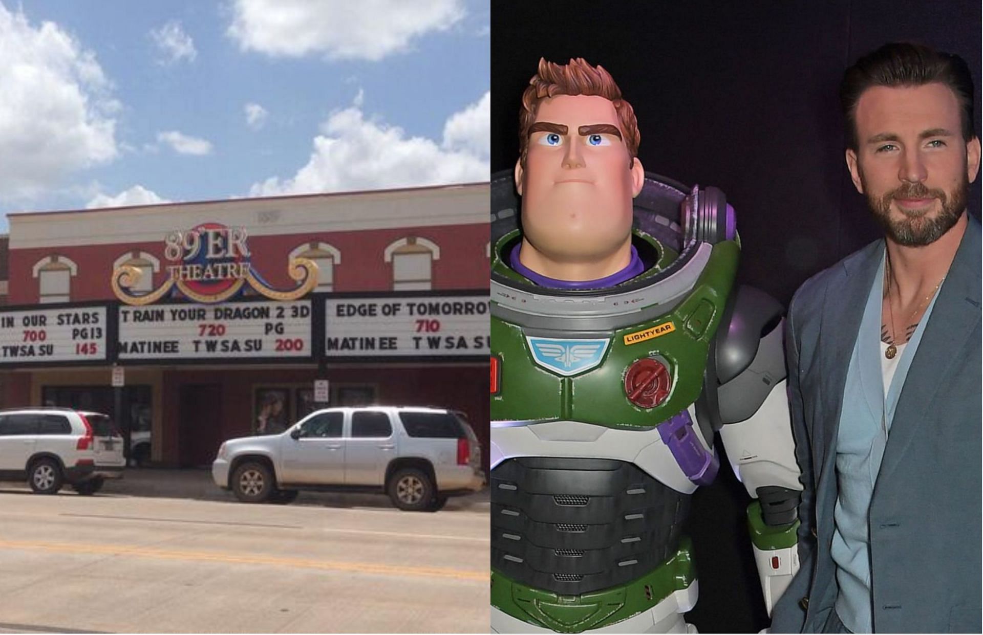 Oklahoma&#039;s 89er theatre issued a warning notice about Lightyear&#039;s same-gender kiss scene (Image via Nathan Gunter/Twitter and Getty Images)