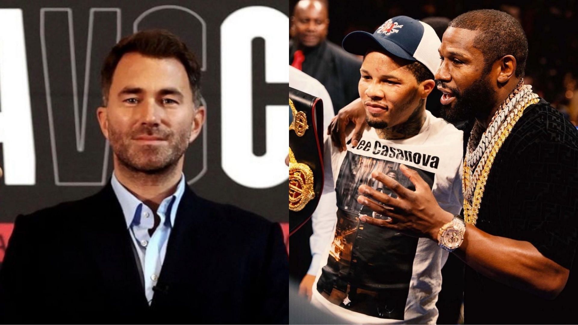 Eddie Hearn (left, @daznboxing), Gervonta Davis &amp; Floyd Mayweather (right, @gervontaa) [images courtesy of Instagram]