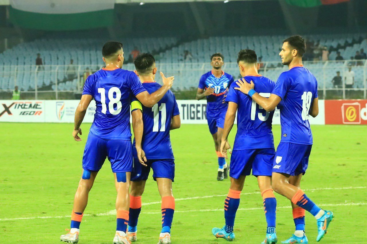 Indian players celebrate their victory against Cambodia. [Credits: AIFF Twitter]