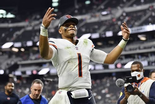 NFL Chicago Bears quareterback Justin Fields celebrates versus the Las Vegas Raiders.