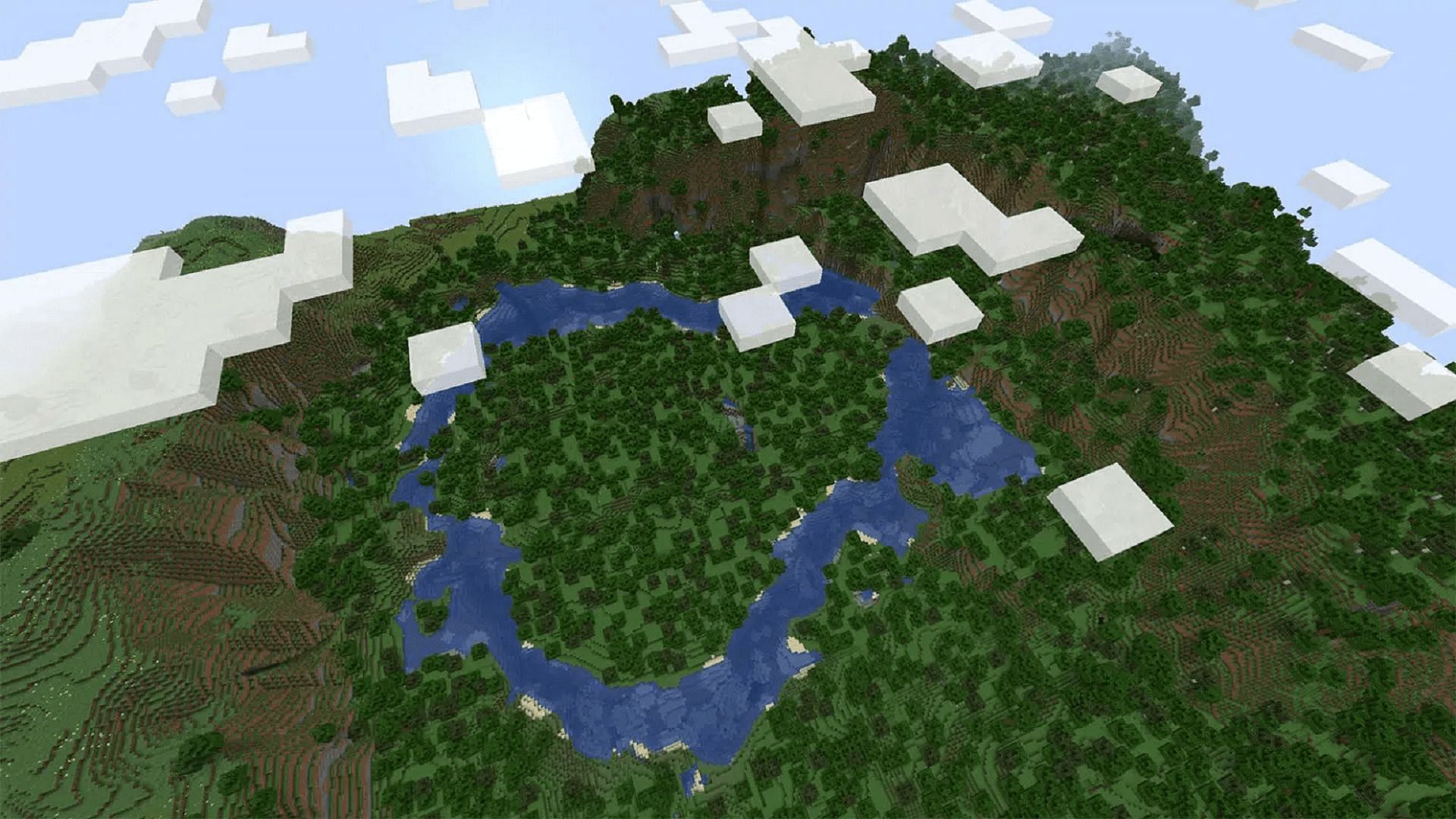 This seed&#039;s river makes a perfect moat for a castle (Image via Mojang)