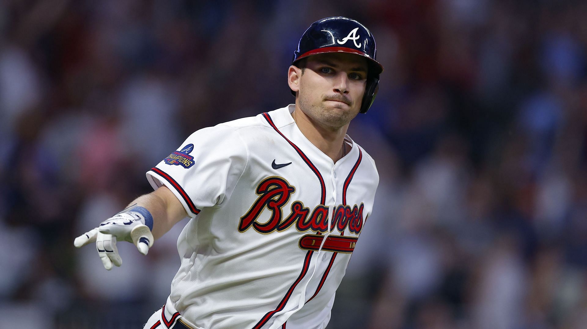 Austin Riley of the MLB Atlanta Braves reacts after hitting a two-run home run against the Oakland Athletics.