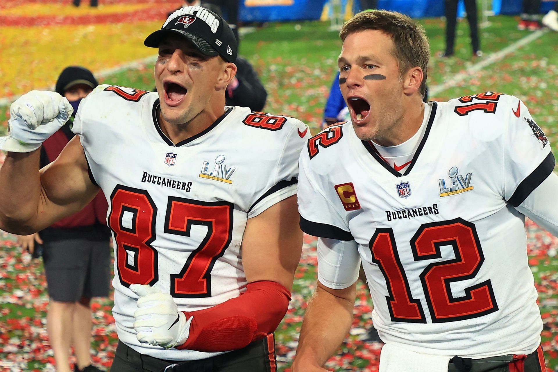 Rob Gronkowski and Tom Brady at Super Bowl LV