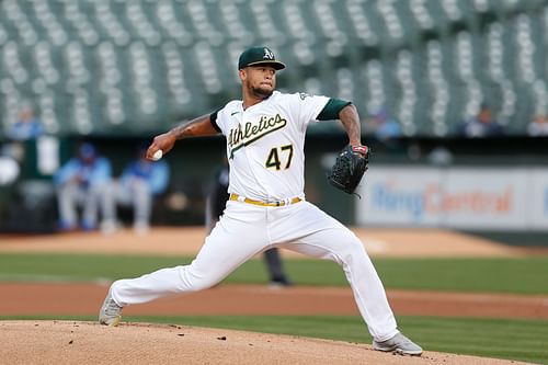 Frankie Montas on the mound, Kansas City Royals v Oakland Athletics